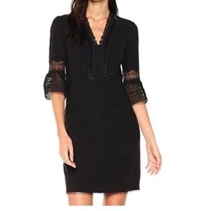 T Tahari NWT Black Ricky Crochet Trim Bell Sleeve Dress Size 10